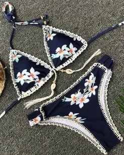 Emmiol Polyester Crochet Print Shell Sexy Bikini
