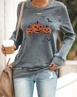 Emmiol Halloween Pumpkin Print Long Sleeve Sweatshirt