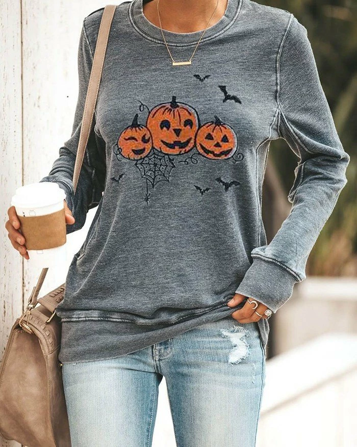 Emmiol Halloween Pumpkin Print Long Sleeve Sweatshirt