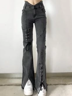 Emmiol Lace Up Split Flare Jeans