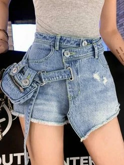 Emmiol Pocket Design Wrap Distressed Cargo Denim Shorts