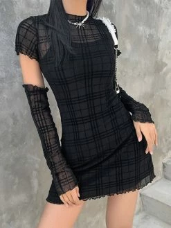 Emmiol Gloves Design Checkered Mini Dress Set