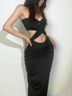 Emmiol Criss Cross Hooded Cutout Black Maxi Dress