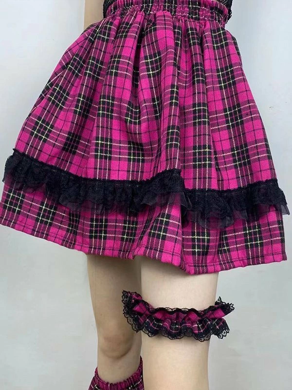 Emmiol Lace Paneled Checkered Y2K Mini Skirt