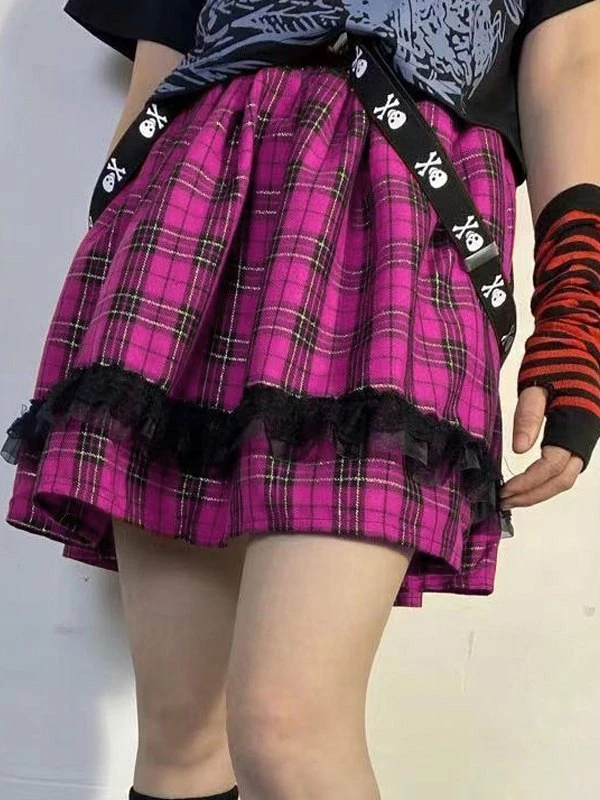 Emmiol Lace Paneled Checkered Y2K Mini Skirt - Image 2