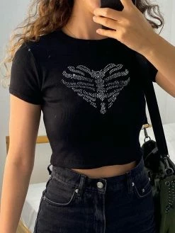 Emmiol Rhinestone Heart Pattern Rib Crop Top
