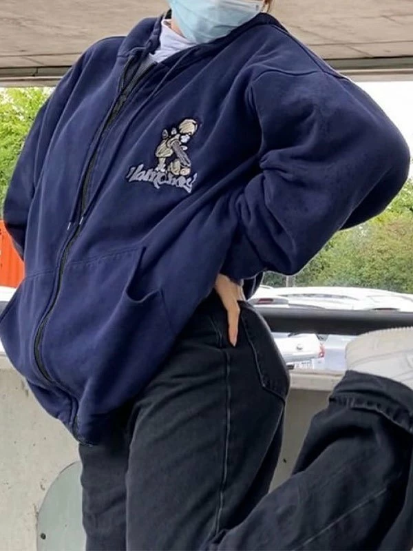 Emmiol Cartoon Print Zipper Hoodie