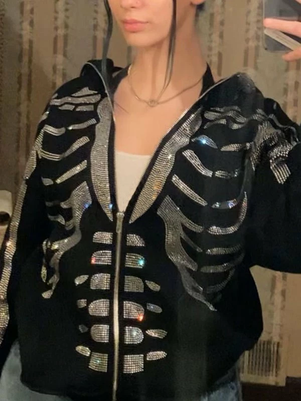 Emmiol Skull Rhinestone Zipper Hoodie