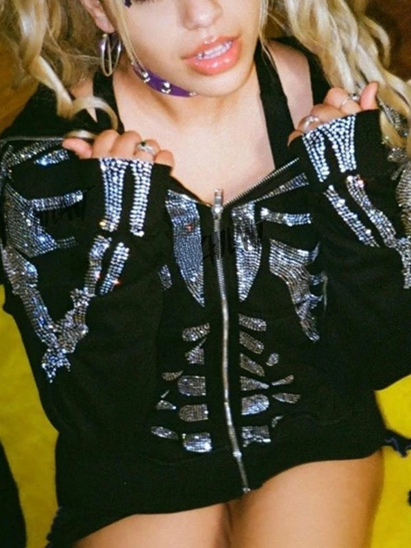 Emmiol Skull Rhinestone Zipper Hoodie - Image 2