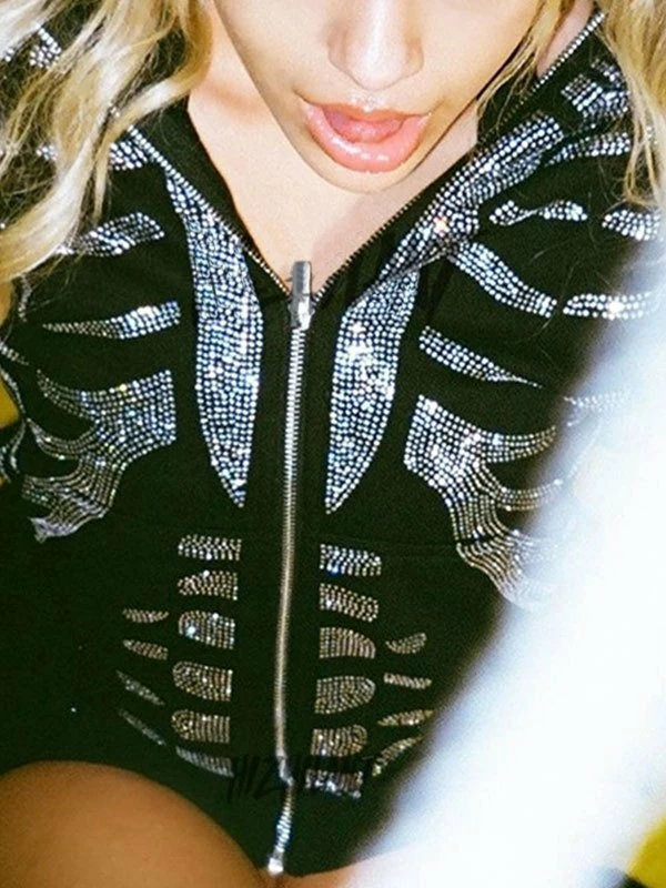 Emmiol Skull Rhinestone Zipper Hoodie - Image 5