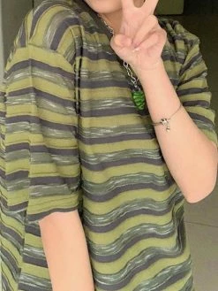 Emmiol Retro Green Striped Short Sleeve Tee