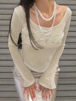 Emmiol Sequined Letter Metallic Long Sleeve Crop Top