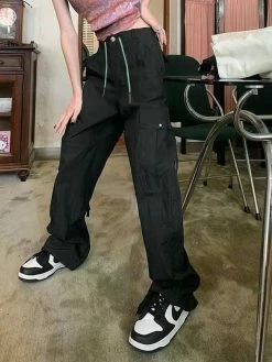 Emmiol Drawstring Black Baggy Cargo Pants