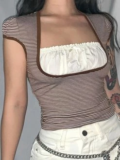 Emmiol Patchwork Striped Short Sleeve Crop Top