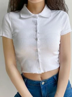 Emmiol White Button Knitted Polo Crop Top