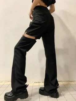 Emmiol Black Belted Cutout Straight Leg Pants