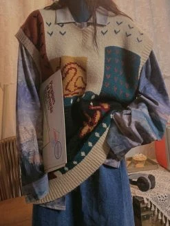 Emmiol Oversize Patchwork Jacquard Sweater Vest