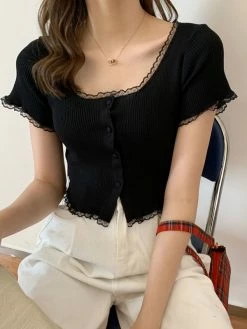 Emmiol Lace Trim Short Sleeve Button Knit Top