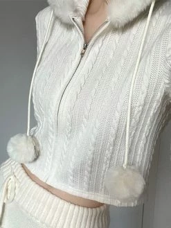 Emmiol Cropped Fuzzy Trim Cable Knit Hooded Cardigan