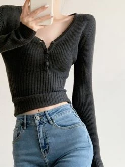 Emmiol V Neck Button Up Ribbed Knit Top