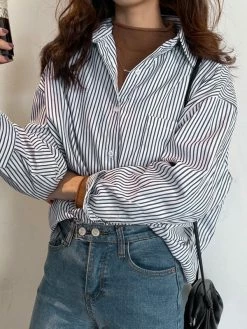 Emmiol Blue Pinstriped Button Down Long Sleeve Blouse