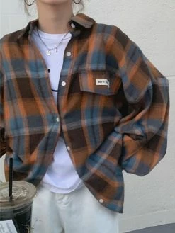 Emmiol Oversized Vintage Checkered Long Sleeve Blouse