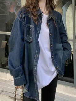 Emmiol Vintage Faded Denim Long Sleeve Blouse