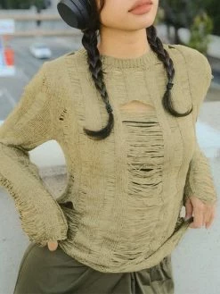 Emmiol Vintage Green Distressed Knit Top