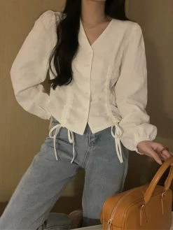 Emmiol Lace Up Button Front Long Sleeve Blouse