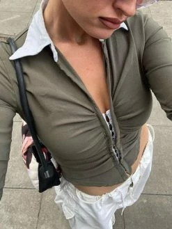 Emmiol Eye Hook Ruched Cropped Long Sleeve Blouse