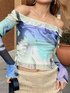 Emmiol Mesh Off Shoulder Long Sleeve Blouse