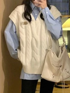 Emmiol White V Neck Cable Knit Sweater Vest