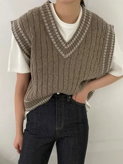 Emmiol V Neck Stitched Cable Knit Sweater Vest