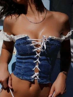 Emmiol Tie Front Patchwork Bardot Denim Corset Top