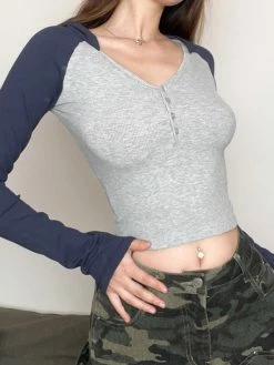 Emmiol Contrast Button Front Hooded Knit Crop Top