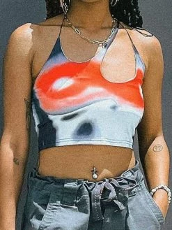 Emmiol Tie Dye Lace Up Halter Crop Cami Top