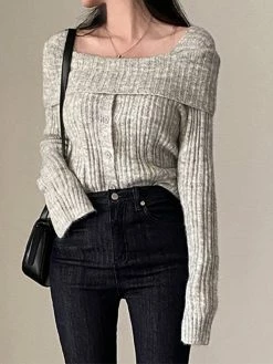 Emmiol Button Front Off Shoulder Ribbed Knit Top