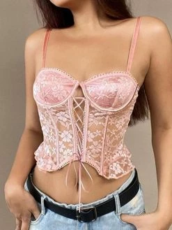 Emmiol Tie Front Floral Lace Underwire Corset Top