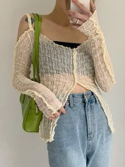 Emmiol Wavy Stripe Long Sleeve Slit Blouse