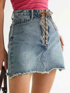 Emmiol Lace Up Washed Denim Mini Skirt