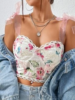 Emmiol Tie Strap Broderie Lace Corset Top